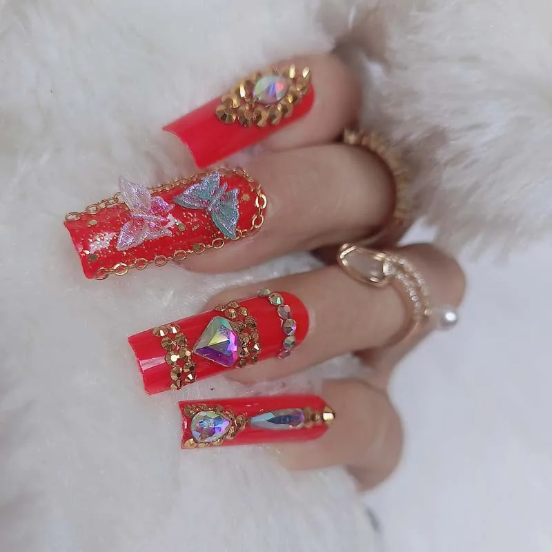 24pcs Latest Luxury Jewelry Ballet Coffin Fake Nails Crystal Diamond Red -  False Nails - AliExpress