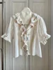 Lady Single-Breasted Fold Slim Shirt Ruffled V-Neck Short Puff Sleeve Ladies Sweet Floral Embroidery Blouse Early Autumn New
