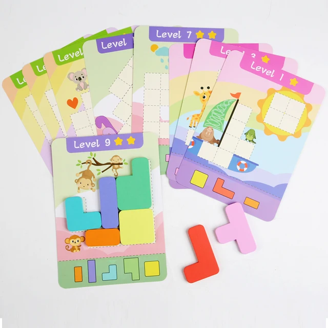 Wooden Educational Puzzle Toy, Wooden 7 Colored Building Blocks & 9 Double-sided Challenge Cards, Exercise Thinking Ability Game 2