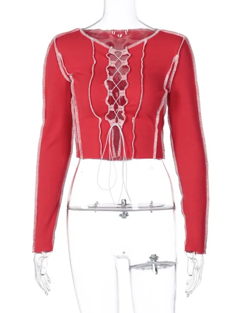 Simenual Patchwork Lace Up Long Sleeve 