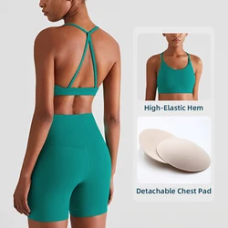 Summer Fashion Women's Yoga Suit - Sexy Beautiful Back Vest & High Waist Sports Shorts Set - M (Bluish Green)