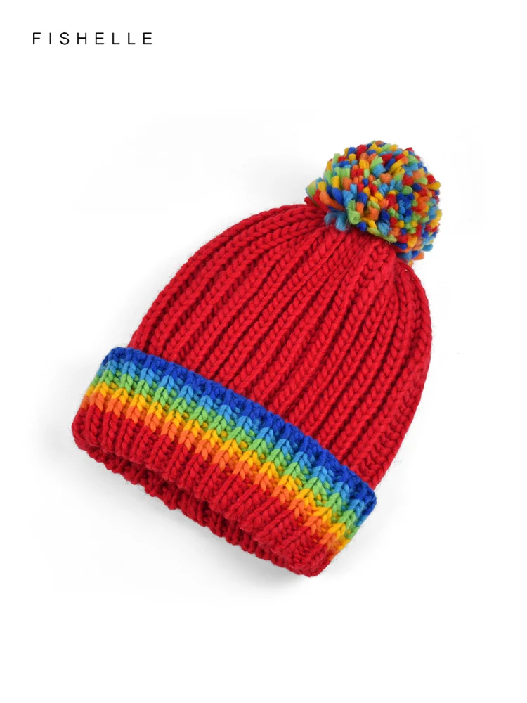 Rainbow knitting wool hat women's warm hat autumn winter knitted hat adults kids red color cap christmas new year child gift 6