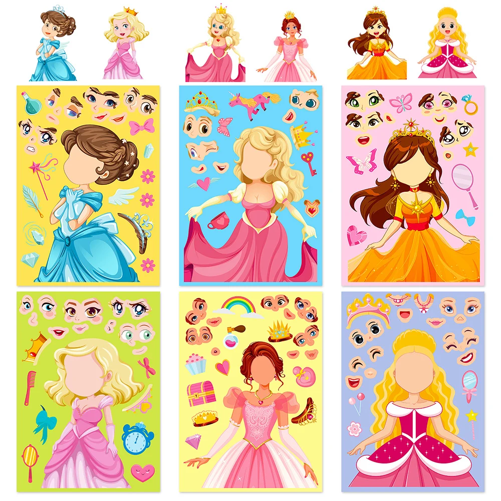 6/12sheets Make a Face Kawaii Disney Princess Stickers DIY Girls Posters Sticker Scrapbooking Suitcase Phone Cartoon Decal Gift 6pcs pack weekend flowers deco stickers scrapbooking styling journal toy deco album diy stationery stickers