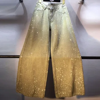 European Jeans, 2025 Spring Clothing New Heavy Industry Full Body Hot Diamond High Waist Skinny Wide Leg Straight Jeans Women 1