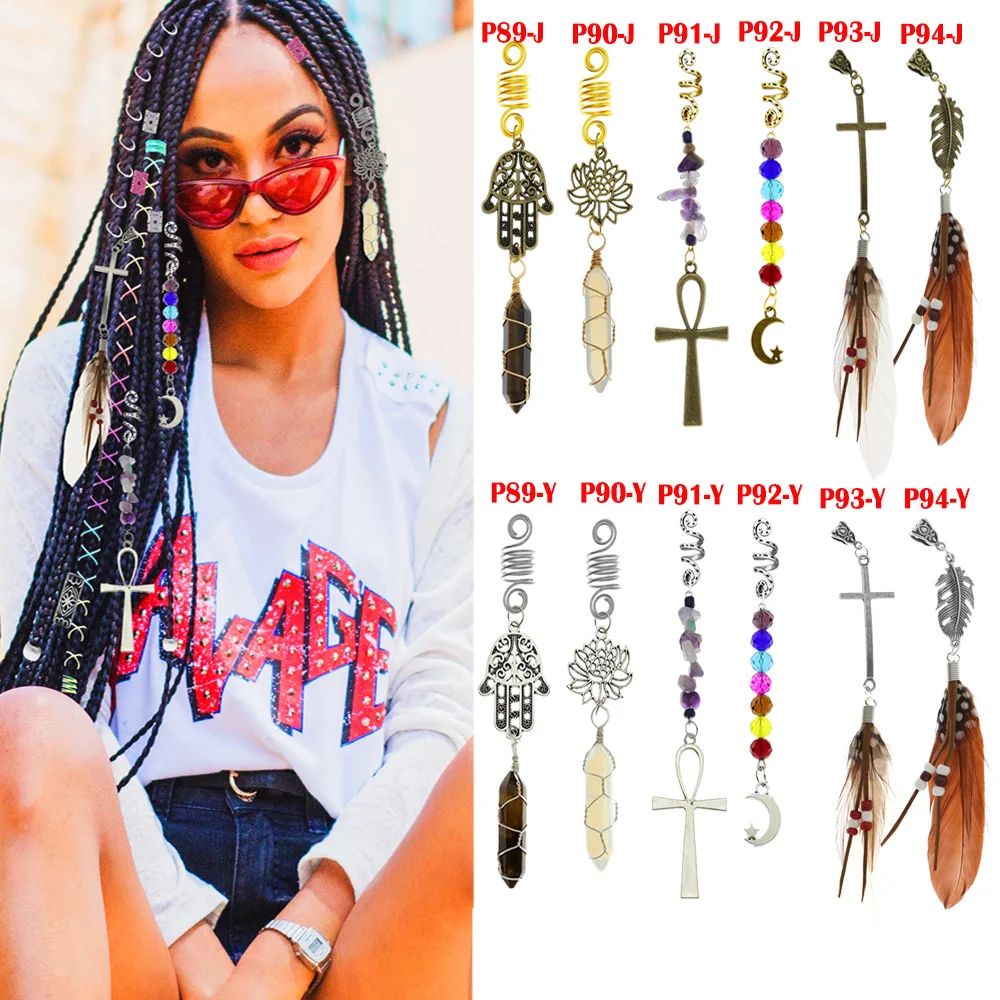 12 Styles Unisex Stone Beads Hair Dreadlock Loc Jewelry Pins Clips Beard  Rings Women Hiphop/Rock Braiding Tube Cuffs Accessories