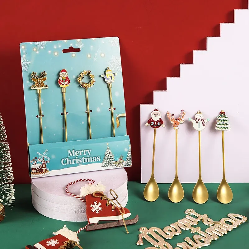 Christmas Fruit Fork Stirring Spoon Kitchen Supplies Coffee Dessert Spoons New Year Tableware Santa Xmas Gifts Decorations