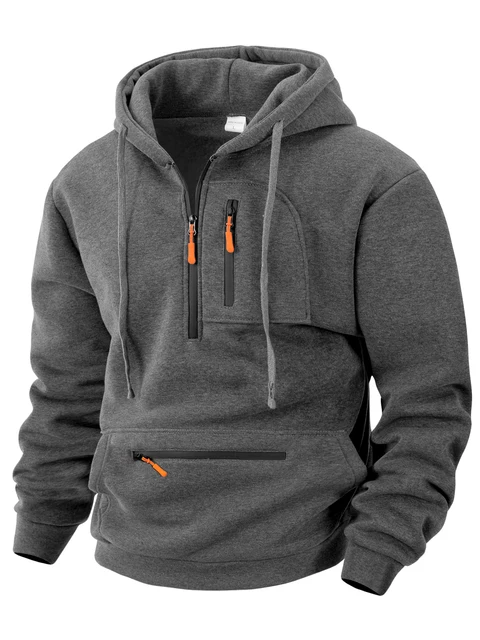 Men's hooded sport casual sweatshirt with industrial style loose fleece pullover trendy brand multi-pocket men's shirt 2