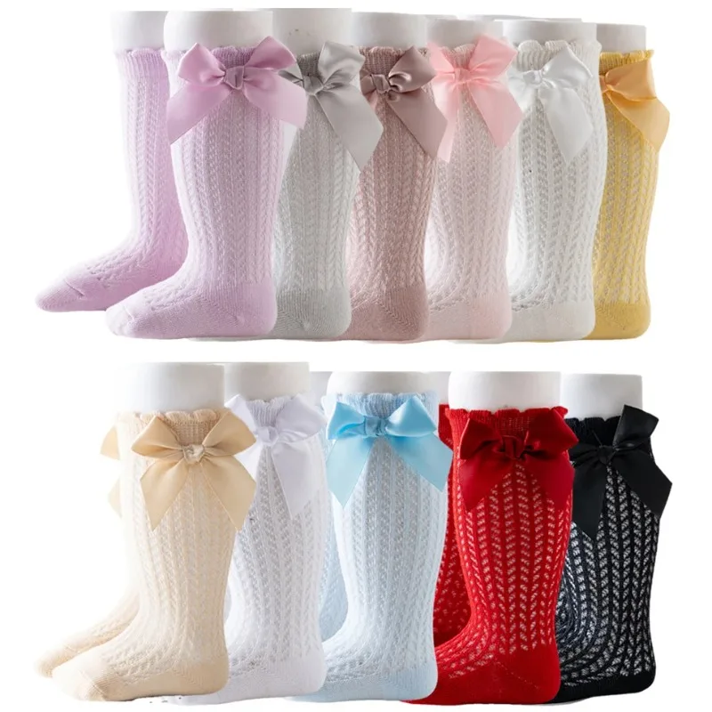 Baby Cute Korean Bow Mesh Stockings Hollow Cotton White Beige Princess Knee High Long Socks Newborn Infant Stockings for Girls