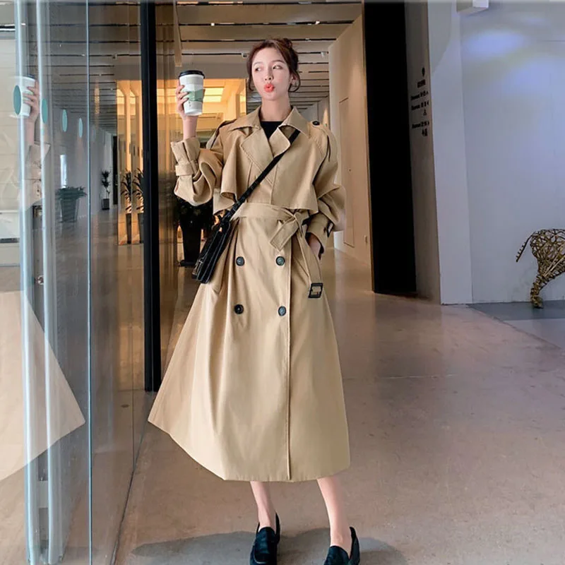 

Mid-length Trench Khaki Black Women Coat Autumn Double Breasted Lapel Long Sleeve Ladies Elegant Windbreaker Overcoat With Belt