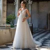Pregnant Bride Wedding Dress Customized V Neck Sequined Applique See Through Tulle A Line Summer Bridal Gown Lace-up Back 4