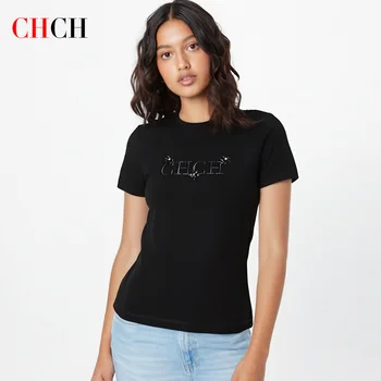 CHCH Women's T-shirt New Black Heavy duty Embroidered Round Neck Top Casual Comfortable Top 1