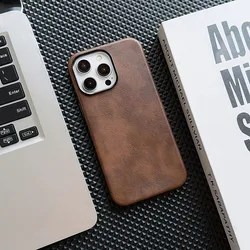 Luxurious Retro Leather Magnetic Phone Case - Soft Velvet Brown Cover - iPhone 15 Pro Max (D)
