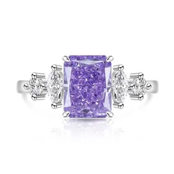 Elegant 925 Sterling Silver Zircon Square Ring, Adjustable Open Band, Luxury Fine Jewelry for Women, Perfect Party Gift (Purple)