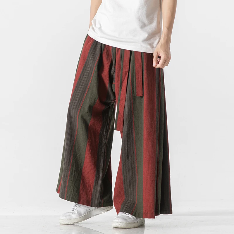 

Men Clothing Autumn New Men's Chinese Style Cotton Linen Striped Straight Wide Leg Pants Casual Pants Men's Pants
