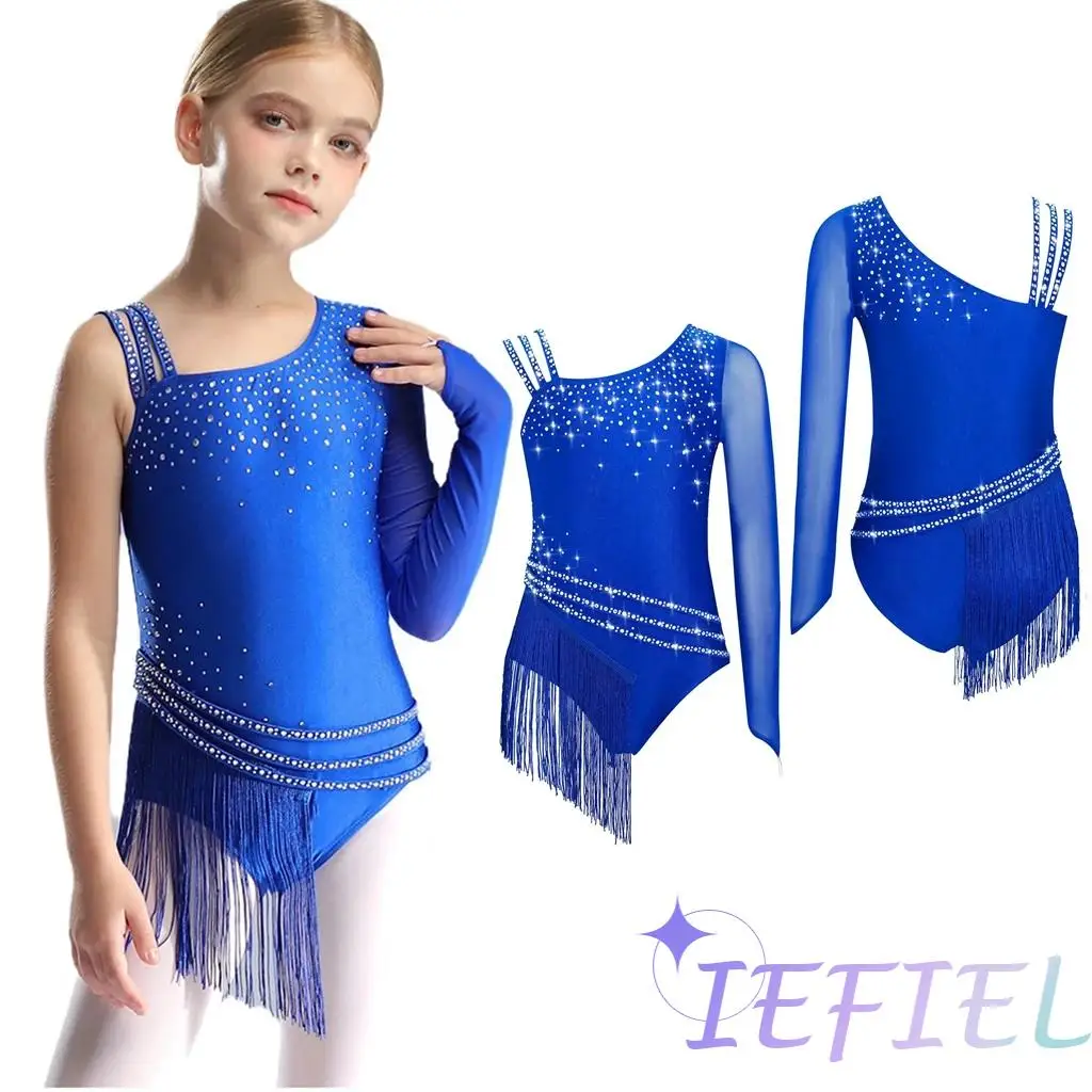 Girls Dance Costumes Glittery Rhinestones Figure Skating Leotard Rhythmic Gymnastics Ballroom Dancewear Ballet Jazz Latin Cha-cha