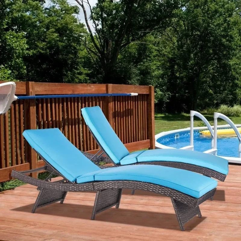 Lounge Chair Set of 2 Outdoor Rattan Sunbathing for Outside Reclining Chair with Cushion Blue S Type Adjustable Backrest Wheels