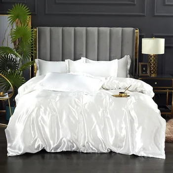 Set biancheria da letto in seta con copripiumino Lenzuolo Federa Lenzuolo in raso di lusso Tinta unita Doppio Singolo King Queen Full Twin Size 1