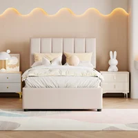 Lit d'enfant 90x200cm, lit simple rembourré, cadre de lit avec rangement hydraulique pour chambre d'enfant, appartement, beige, lin, sans matelas 2