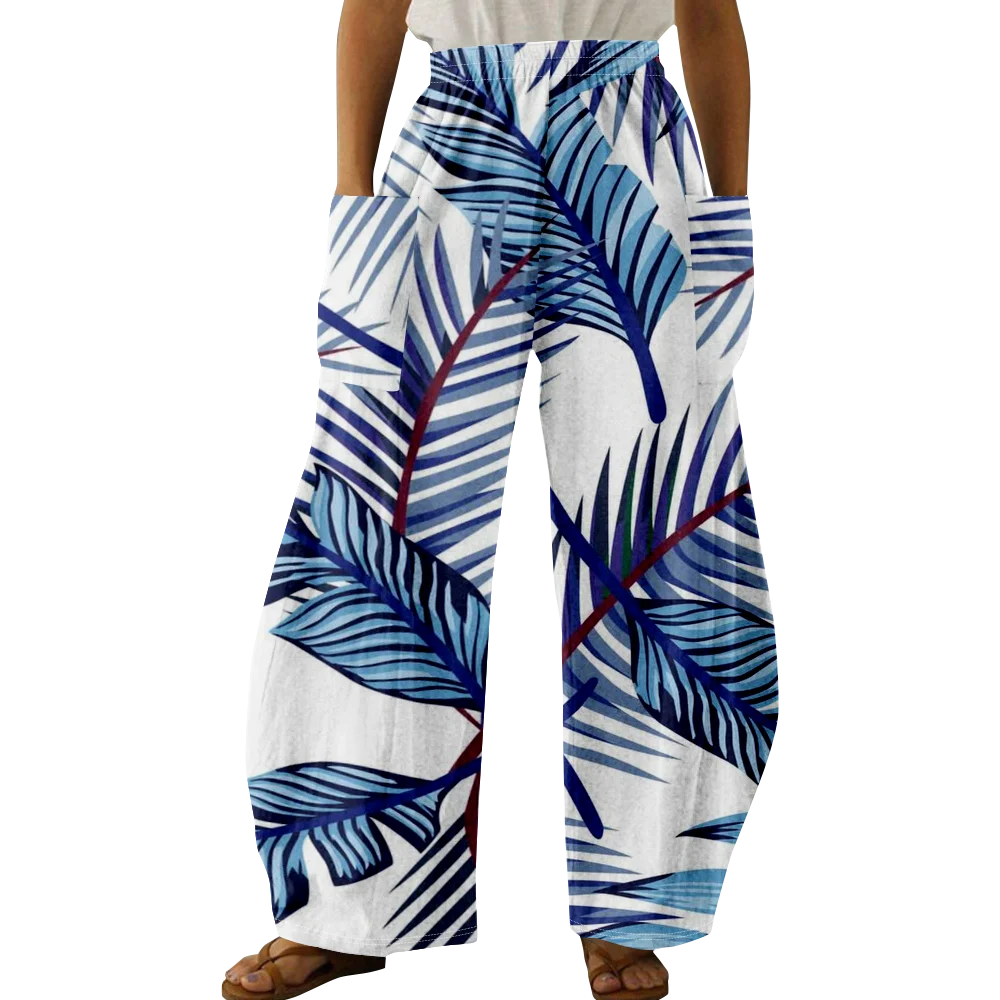 Spring Stylish Plant Print Pants Summer Oversized Girls Y2K Trousers Women Pocket Trousers Wide Leg Pants Elegant Pantalon