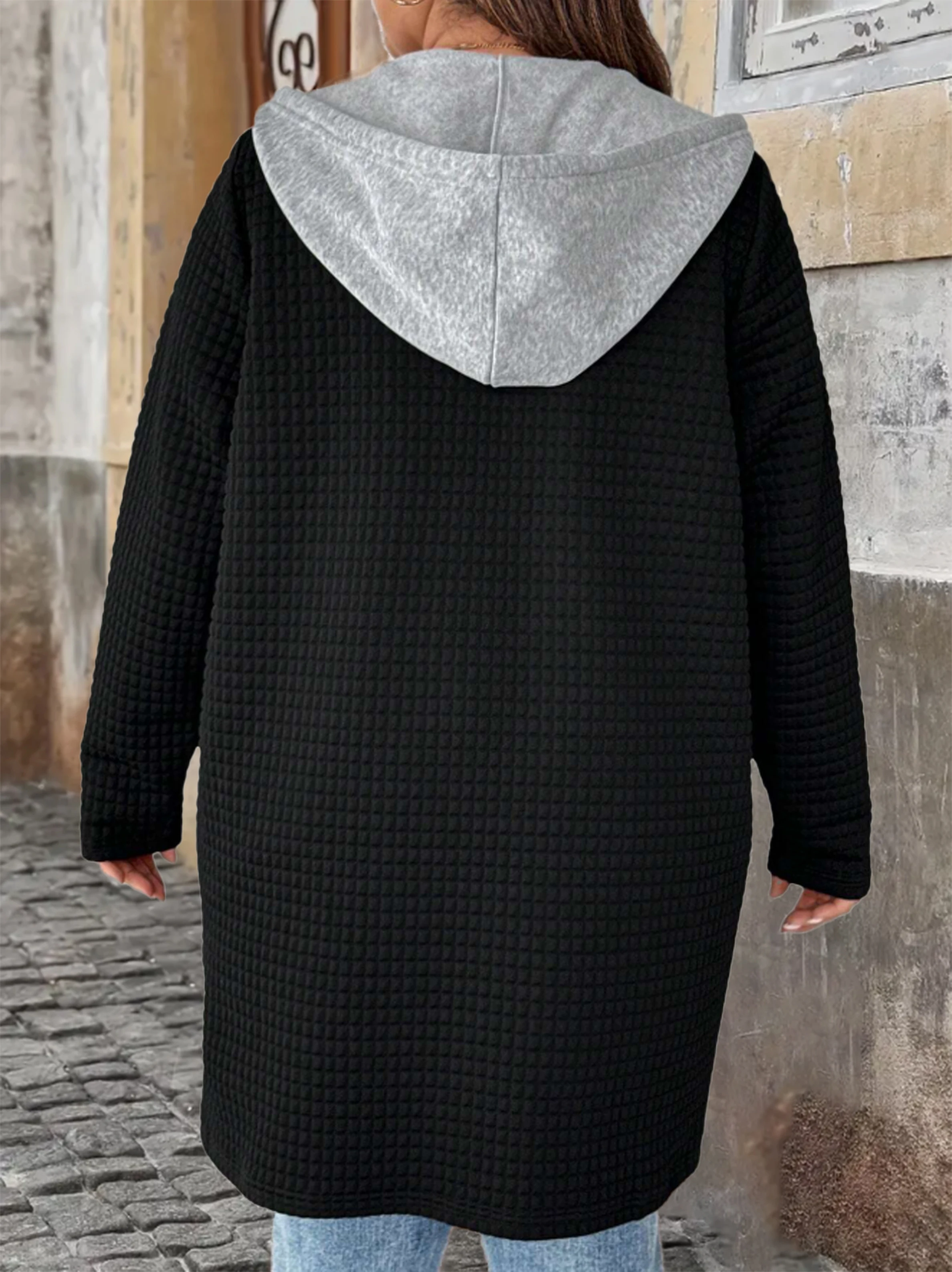 Plus Size Fake Two-Piece Hooded Cardigan with Pockets & Drawstring, Long Chic Fall/Winter Women's Coat 2