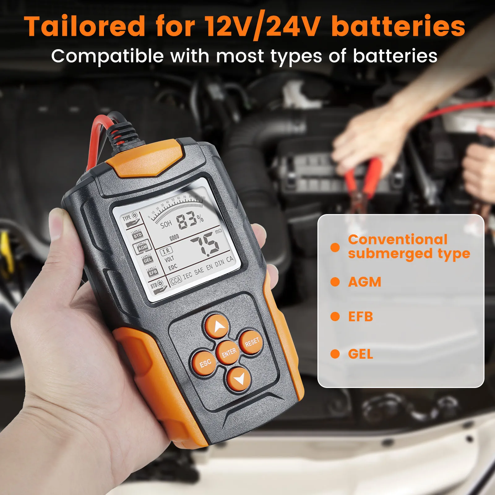디지털 자동차 진단 건강 분석기, 자동차 배터리 분석기, 12V, 24V, CCA 배터리 테스터, 습식, 젤, SLA, 플러드, EFB, STD