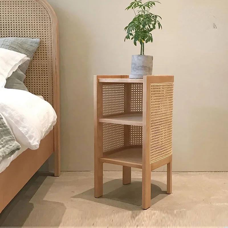 Nordic Solid Wood Rattan Storage Bedside Tables Bedroom Bedside Cabinet Japanese Style Simple Home Locker Creative Nightstand