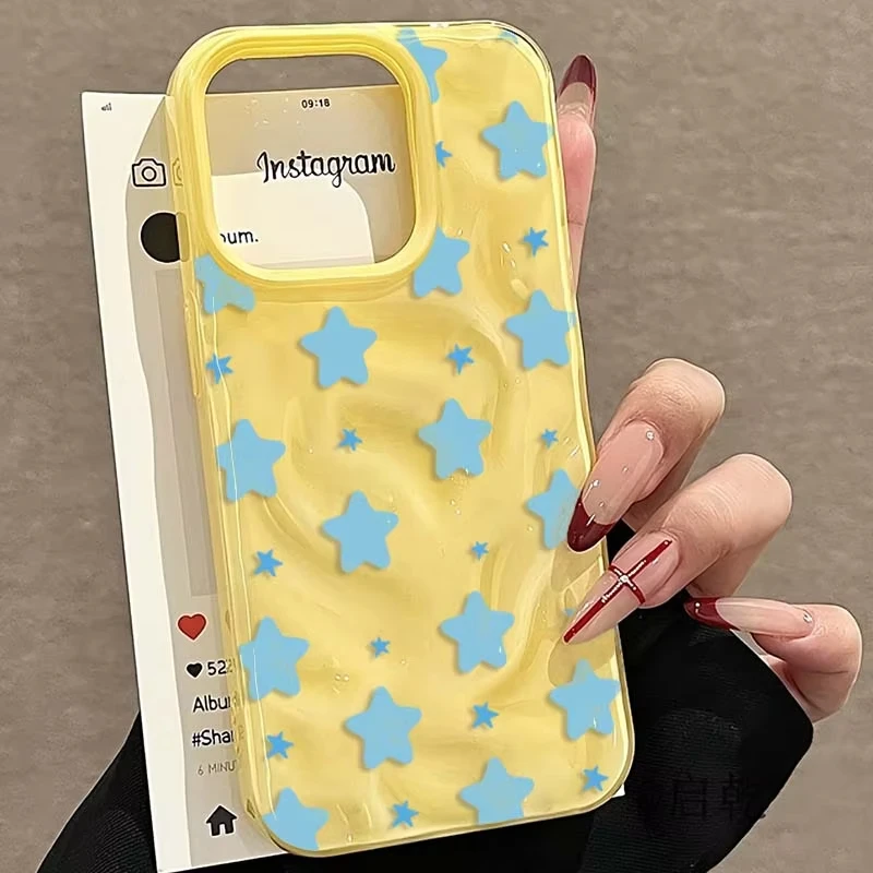 Korean-Inspired Wrinkled Yellow Stars Shockproof Phone Case with Textured Soft Back Cover