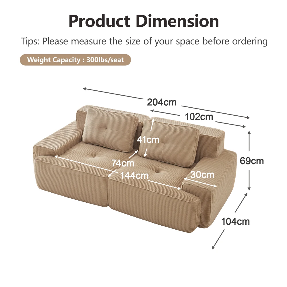 Modernes Cord-Cloud-Sofa – Knochenloses Modulares Zweisitzer-Sofa mit Tiefem Sitz für Wohnzimmer Erhältlich in Grün Braun Champagner Schwarz – Detail 7