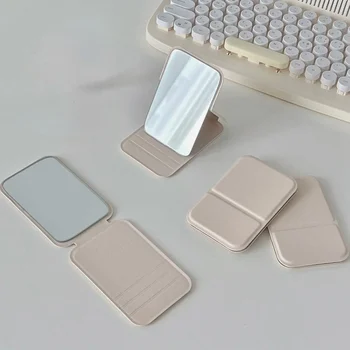 Miroir de maquillage de bureau en cuir PU, couleur unie, Simple, Portable, pliable, Compact, mignon, pour étudiant 1