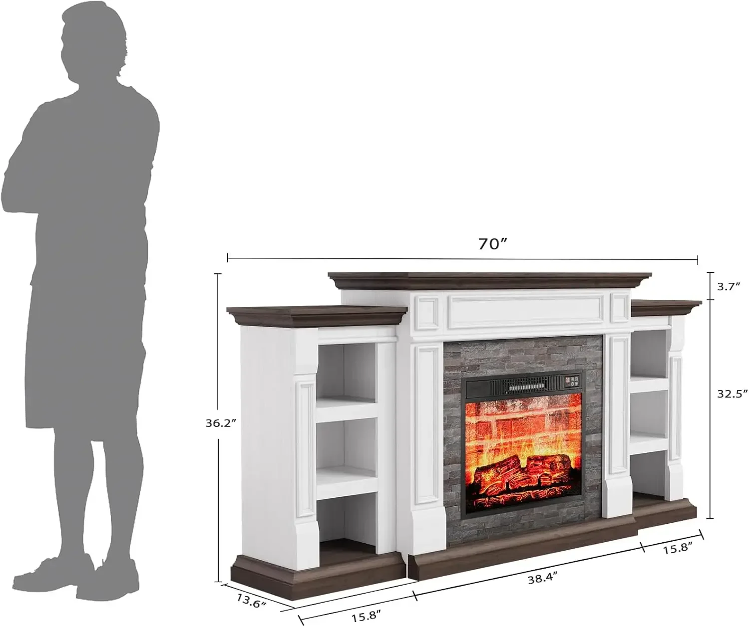 70" Electric Fireplace with Mantel, Fireplace TV Stand , Farmhouse Entertainment Center , Realistic Stacked Stone Surround 6