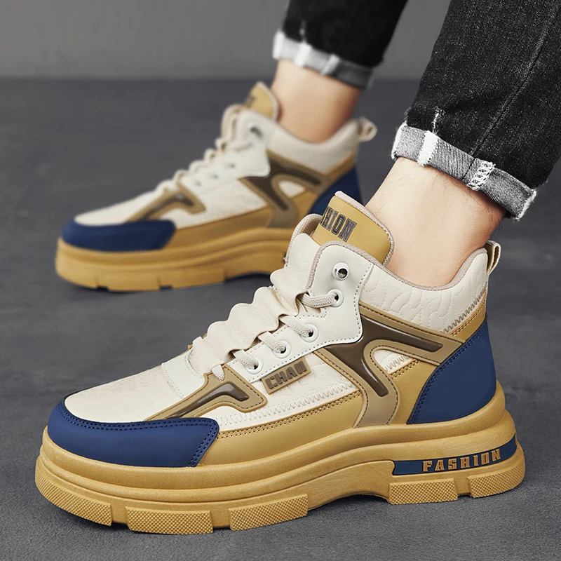 2023 New Chunky Sneakers Men Cover Bottom Board Shoes Fashion Casual Microfiber Leather Mesh Breathable Increased Internal Shoes