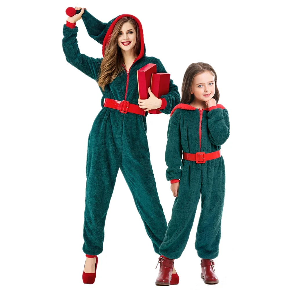 

Christmas Elf Costume For Adult Child Cosplay Green Christmas Tree Dress Up Casual Home Daily Parent-Child Hooded Jumpsuit