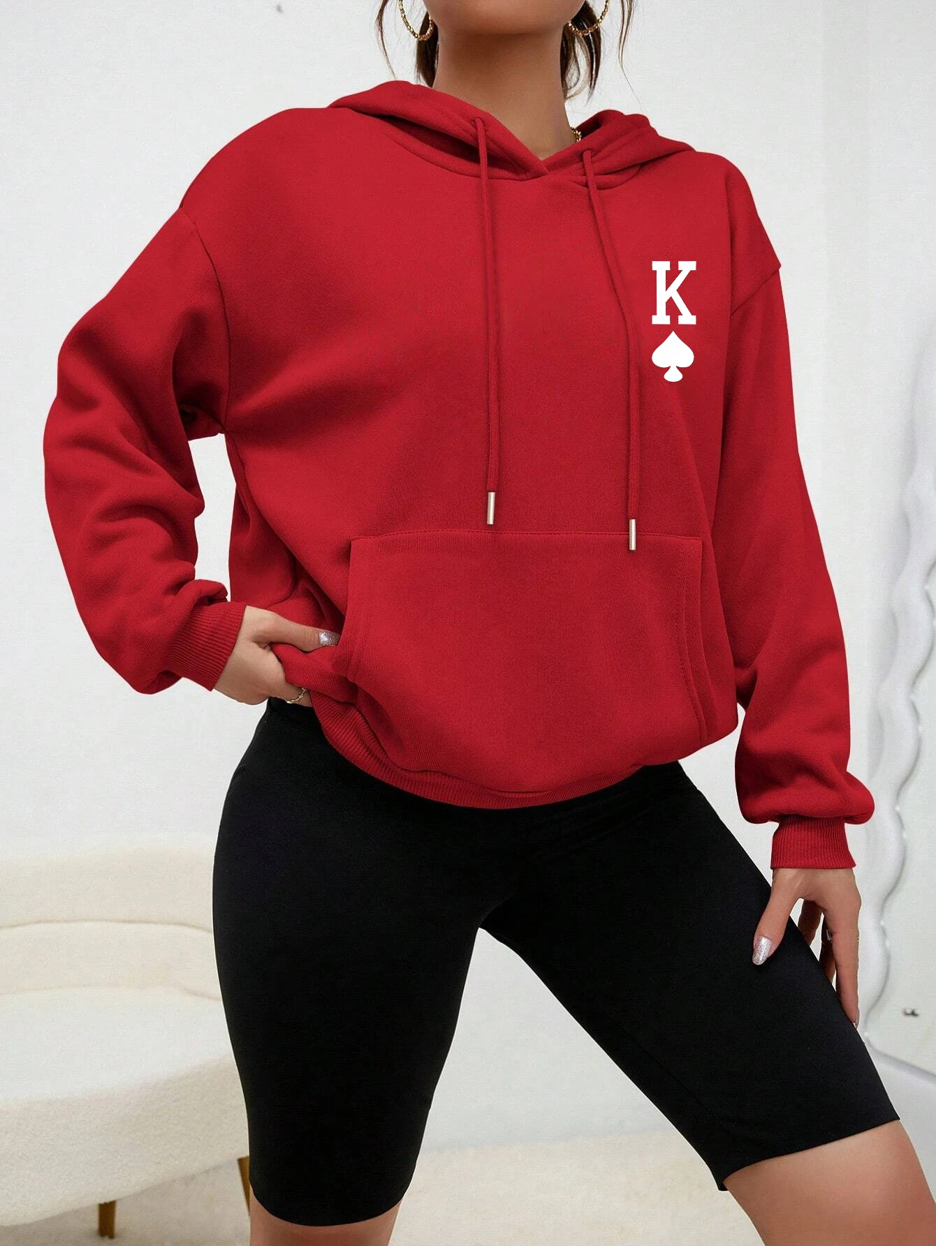 Women’s casual Poker K printed hoodie with pocket, streetwear style sweatshirt for autumn-red- 03