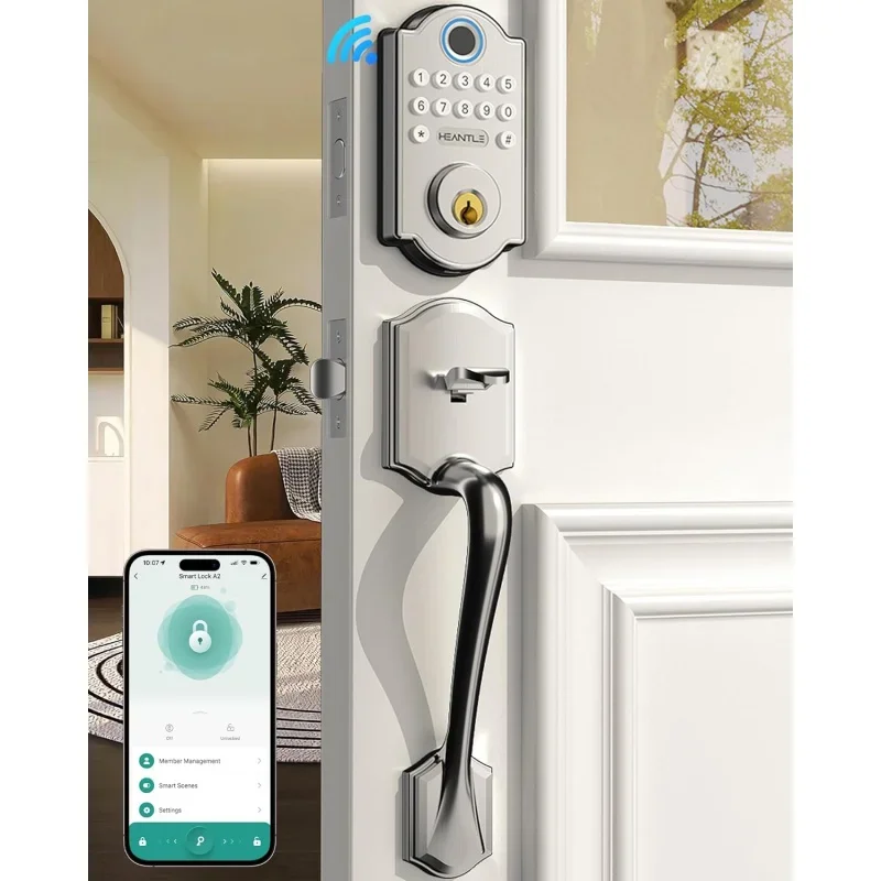 

Keyless Fingerprint By Lock Set: HEANTLE WiFi Front Door Lock with Handles - Alexa Smart Electronic Digital Keypad Deadbolt Se