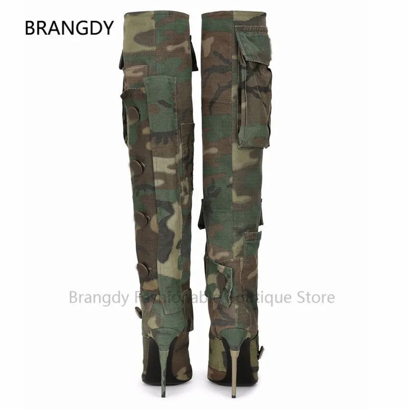 Botas largas De camuflaje verde para Mujer, Botas De combate con punta  puntiaguda, botones De Metal, botines hasta el muslo, tacones De aguja,  2022|Botas sobre la rodilla| - AliExpress
