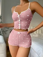 Ensemble de pyjama sexy à imprimé cœur pour femmes, vêtements de nuit en soie, col en V sans manches, haut décontracté et short, vêtements de détente 3