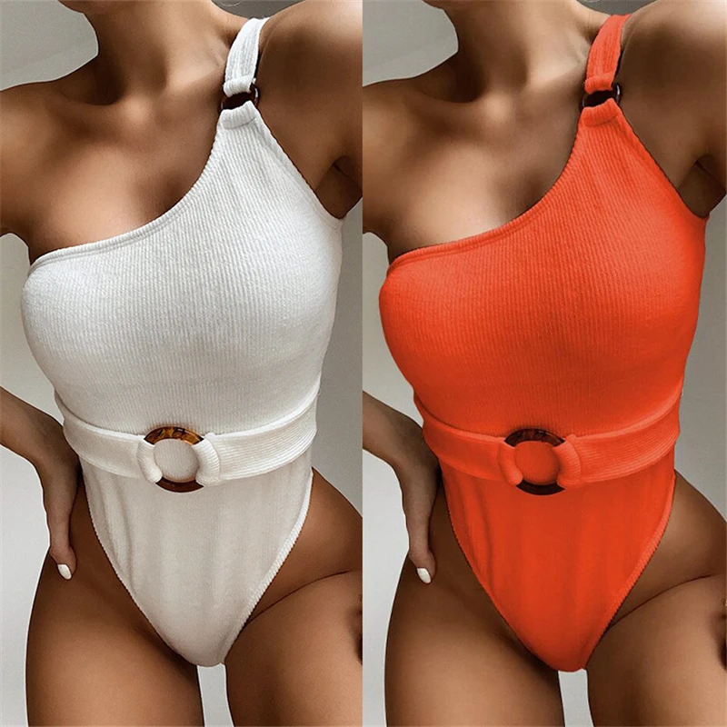 2020 new swimsuit bikini one-shoulder solid color knitted swimsuit women European and American bikini triangle bikini set
