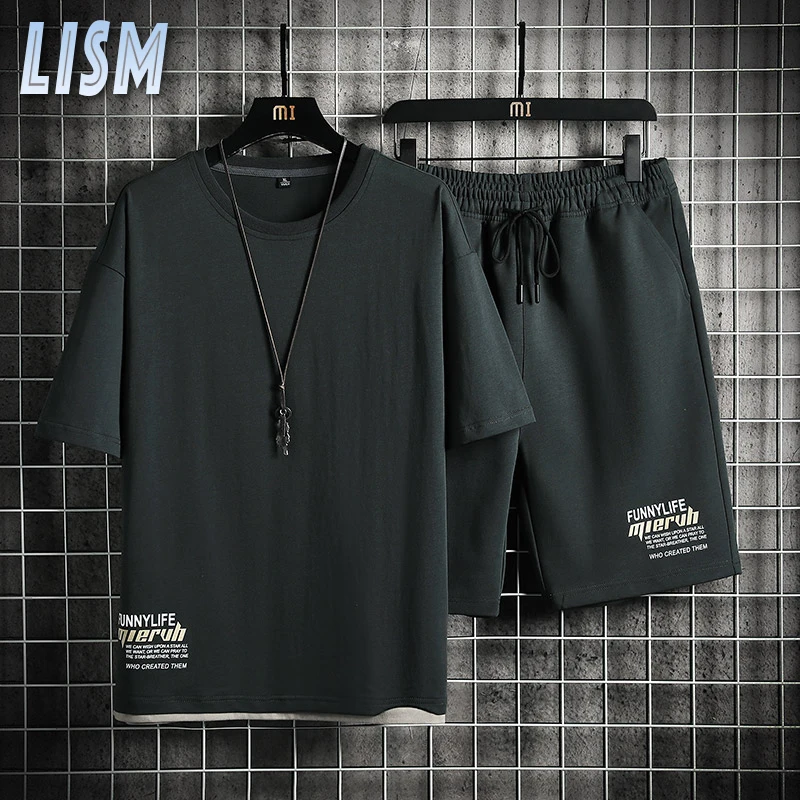 

LISM Summer Mens Sets O-neck Casual Tracksuit Tshirt Shorts Suit Patchwork Shorts Sets Loose Jogger Sportwear Two-piece Clothing