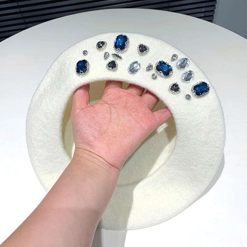 Hot Sale Beret Lady Thick Rhinestone Brimless Thermal Decor Wool Artist French Style Painter Hat Women Headwear_vogarts.com