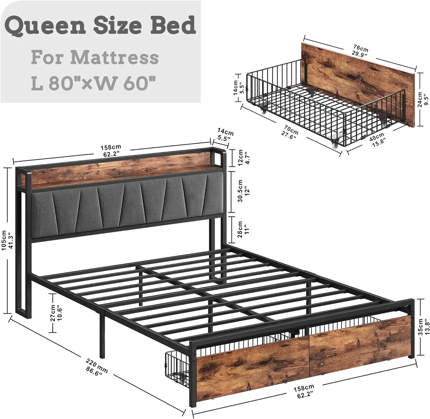 

Queen Size Bed Frame Storage Headboard with Charging Station Platform Bed with Drawers No Box Spring Needed asy Assembly