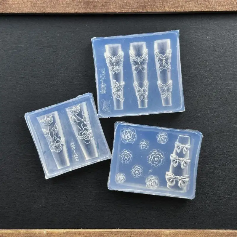 3D Silicone Bow Flower Nail Carving Mold - Transparent Butterfly Rose Floral Template, DIY Nail Art Decoration Manicure Tools