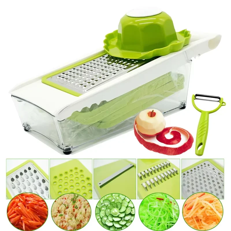 5 In 1 Mandoline Slicer Stainless Steel Mandolin Vegetable Slicer Julienne Cutter Dicer with Container Cheese Shredder YY053