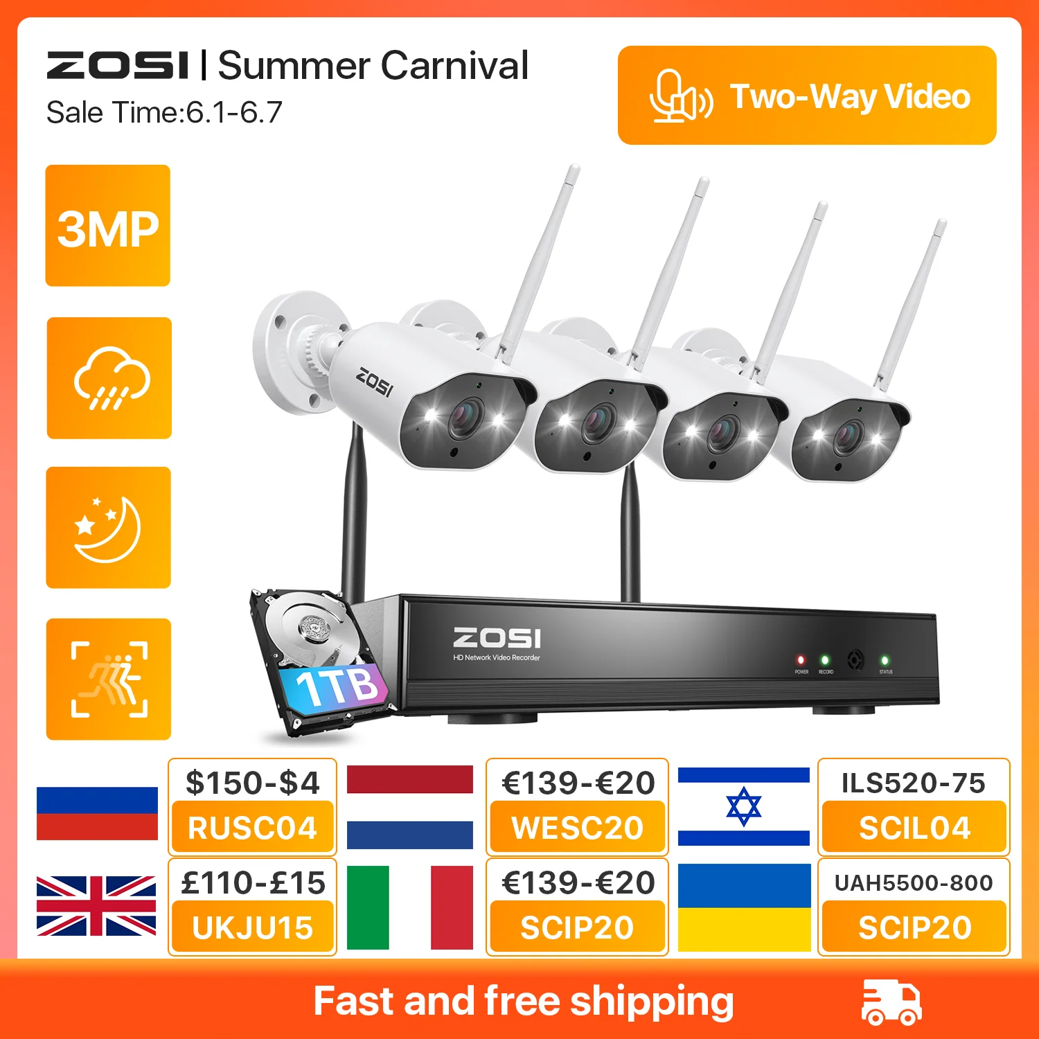 ZOSI 3MP Wireless Security Cameras System with 8channel H.265 2K CCTV NVR & 3MP HD Outdoor IP Camera WiFi Video Surveillance Kit