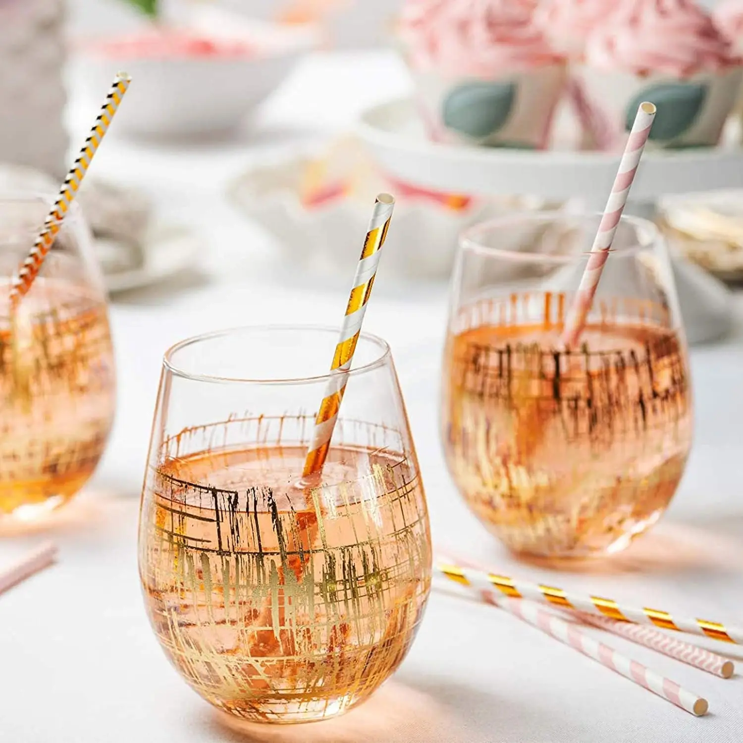 [100] Pink & Gold Paper Drinking Straws 100% Biodegradable Multi-Pattern Party Straws For Birthday, Wedding, Bridal, Baby Shower