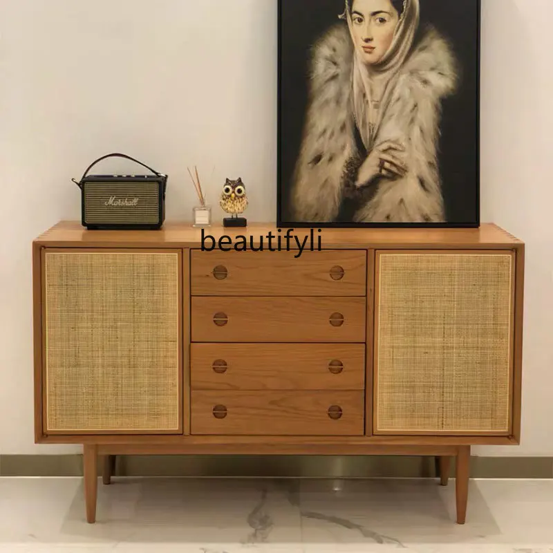 

Nordic Solid Wood Rattan Sideboard Cabinet Living Room Entrance Tea Cabinet Small Apartment Home TV Storage Cabinet furniture