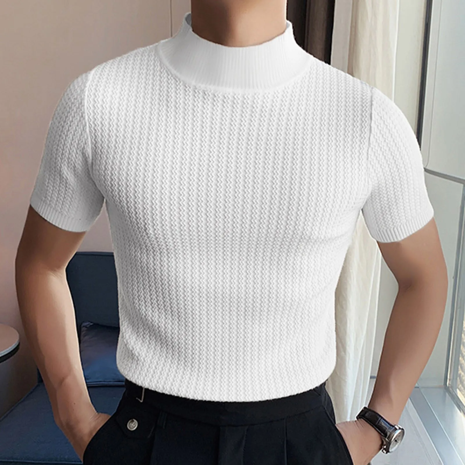 2023 Summer Tee Knitted Short Sleeve Half High Neck T-shirt Men’s Slim Fit Pullover Round Neck Solid Knitting Shirt Korean Style