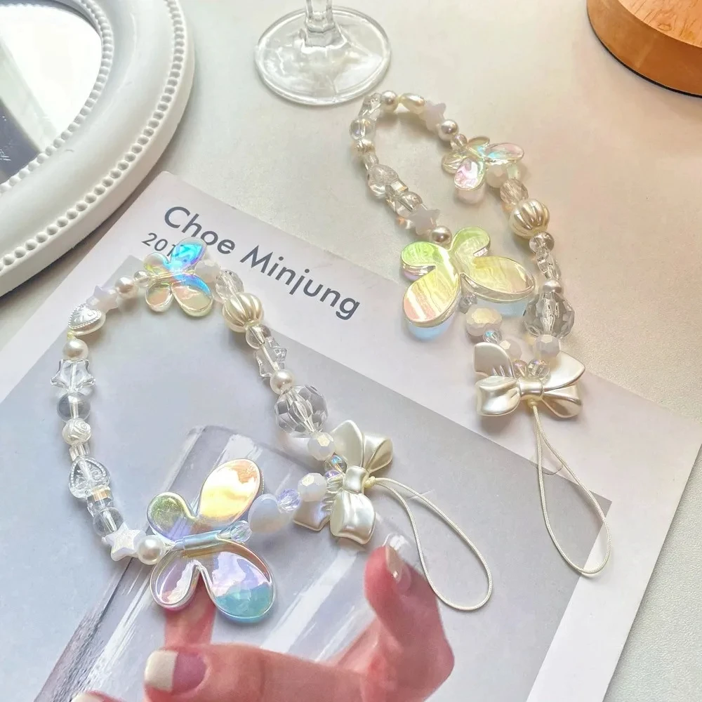 INS Clear Butterfly Mobile Phone Chain Anti-Lost Soft Pottery Rope Strap Lanyard Pearl Acrylic Bead Cell Phone Case Hanging Cord