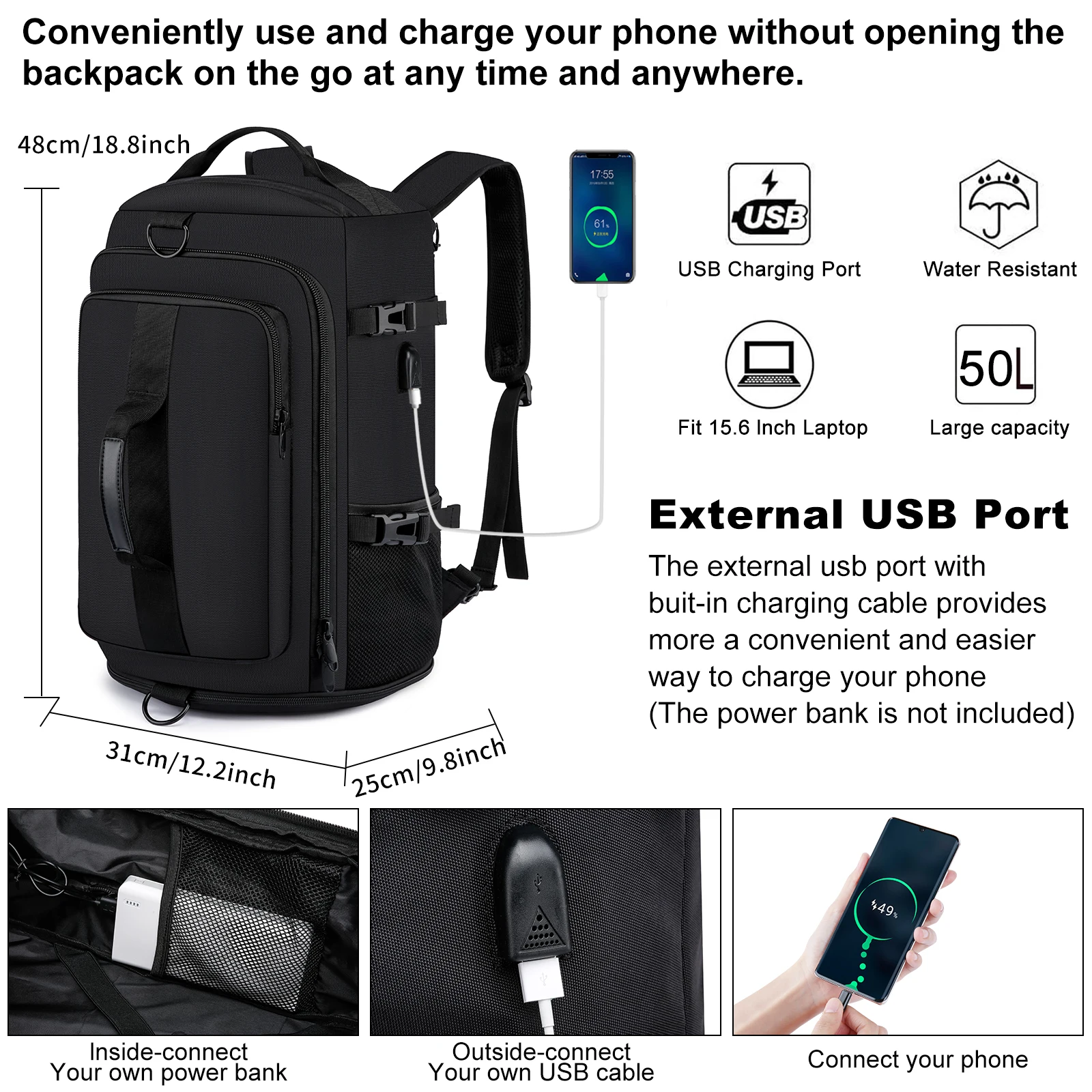 Multi functional leisure travel, mountaineering, outdoor fitness, 50L large capacity backpack, crossbody bag, cabin bag