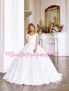 Flower Girl Dress Champagne Short Sleeve Princess Elegant Appliques First Communion Gowns Girls Birthday Party Dresses Wedding 1