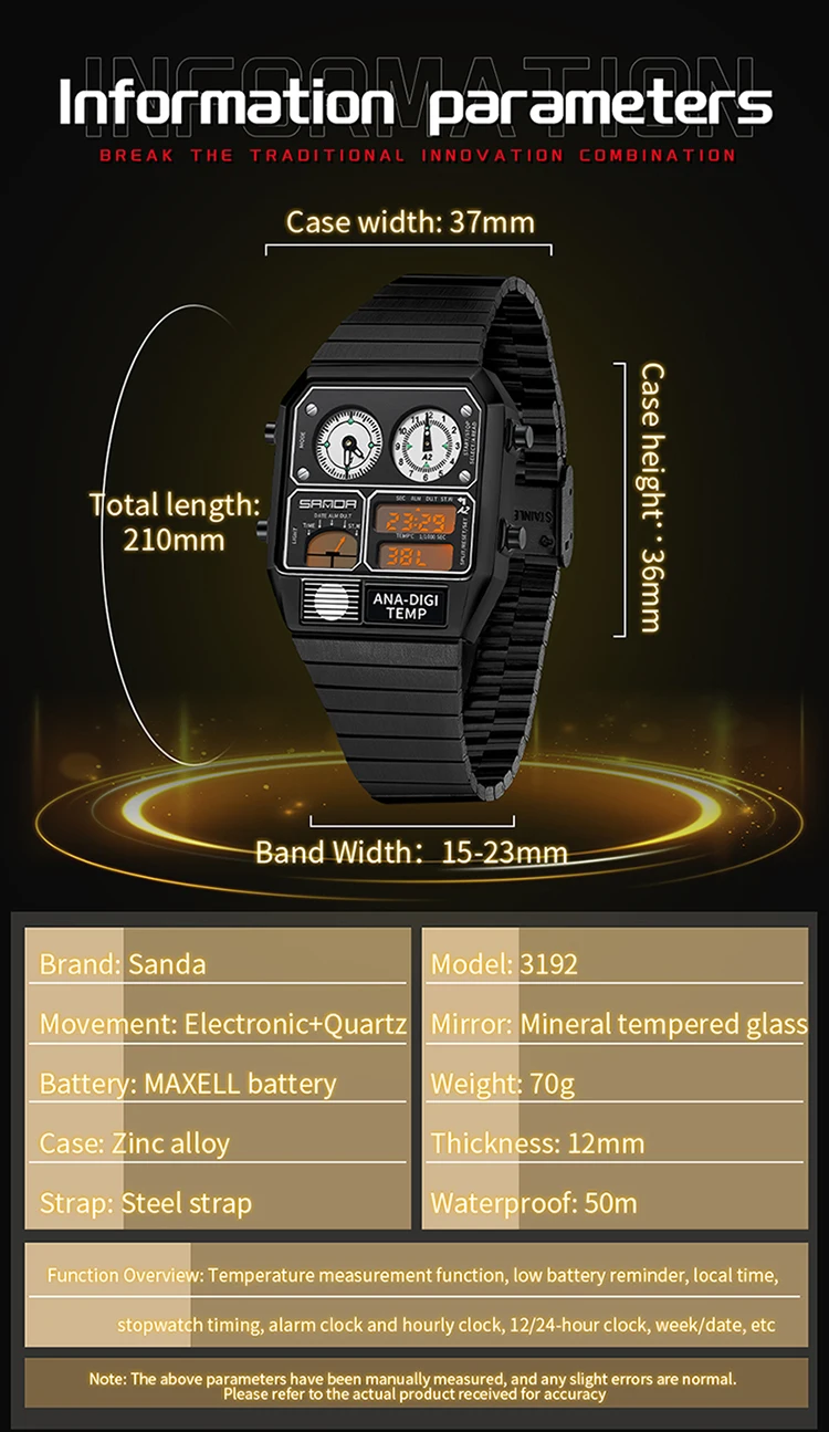 SANDA Electronic Watch Men Square Steel Band Digital Wristwatch Temperature Measurement Stopwatch Timing Multifunctional Watch